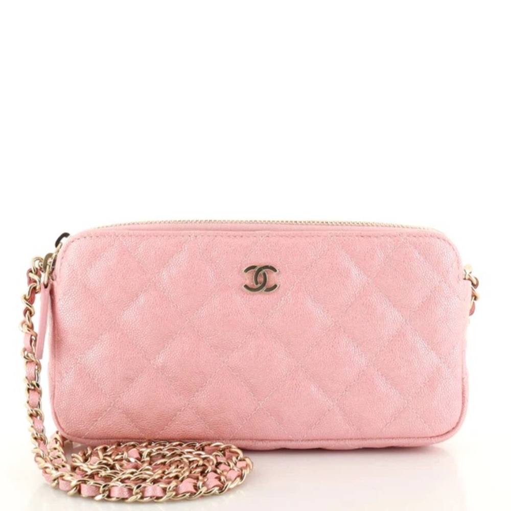 Chanel pink iridescent caviar WOC double clutch zip